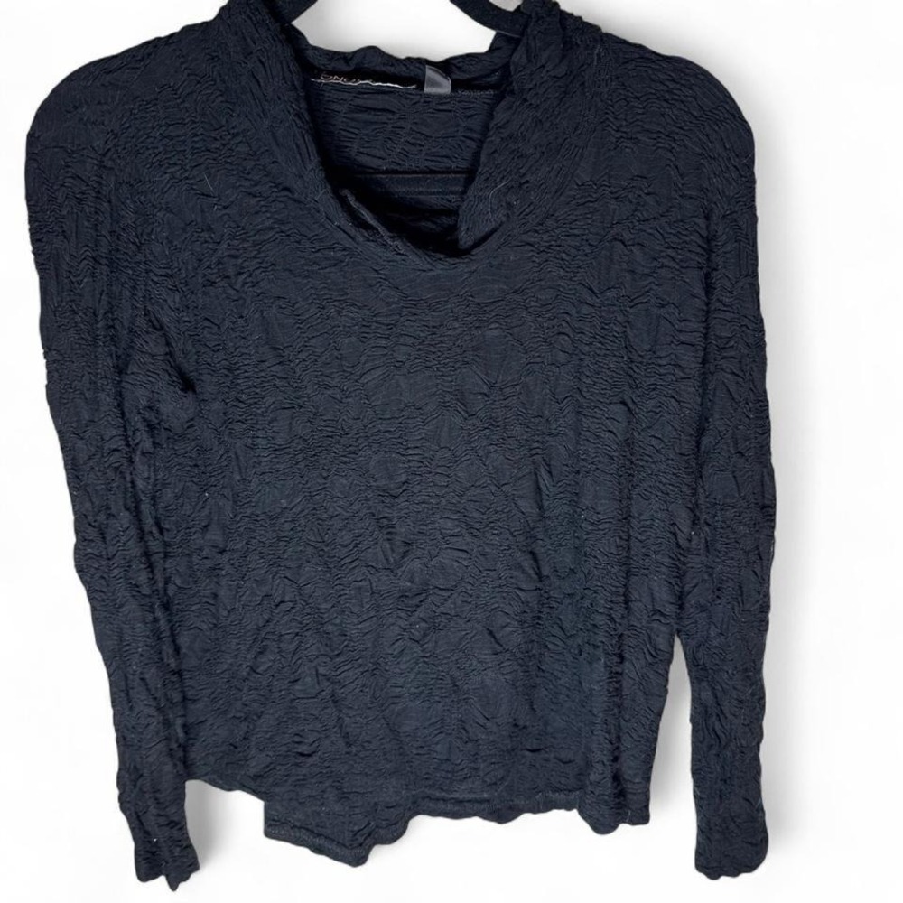 Snoskins Womens Black Crinkle Textured Cowl Neck Long Sleeve Top Size M USA Made